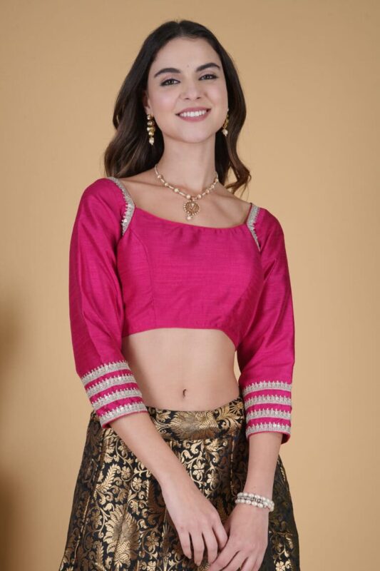 Modern Hot Pink Silver Border Blouse front side