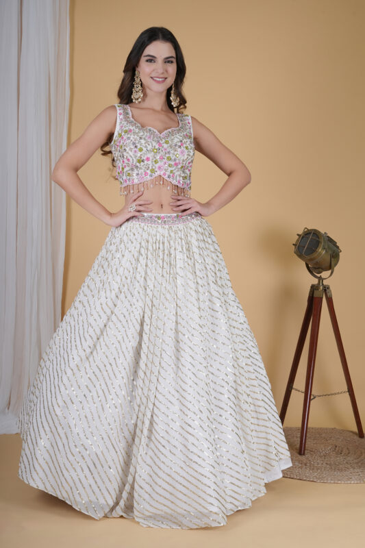 White Multicolour Floral Work Lehenga Set