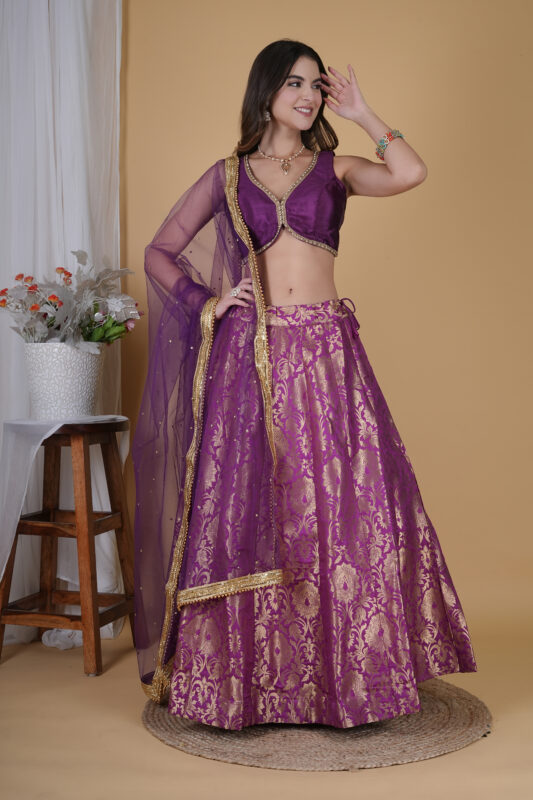 Stylish Purple Banarasi Brocade Festive Lehenga