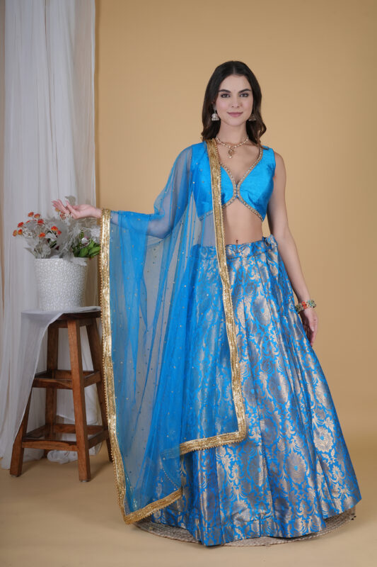 Turquoise Banarasi Designer Party Wear Lehenga