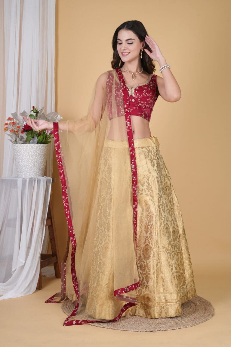 AKS07541-768x1152 Traditional Golden Banarasi Embroidery Lehenga Set