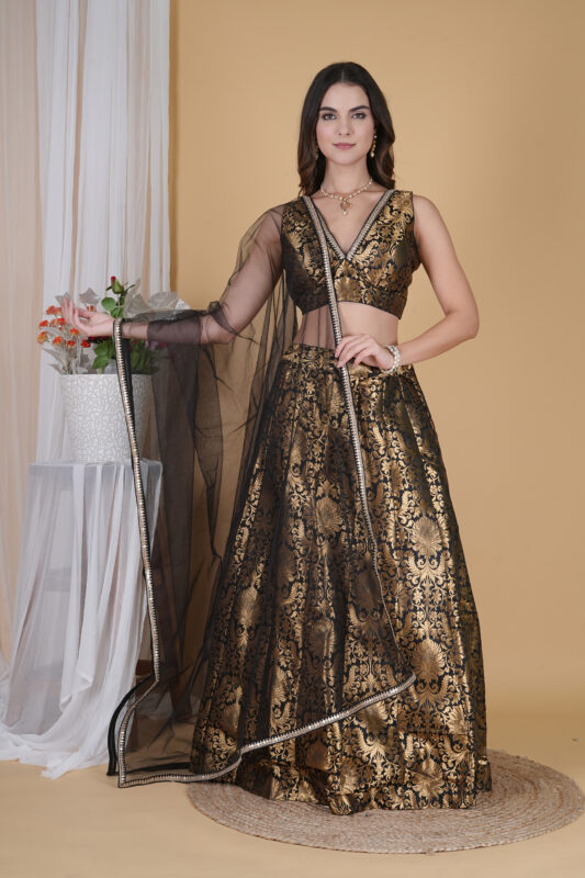 Black Banarasi Floral Embroidered Party Lehenga