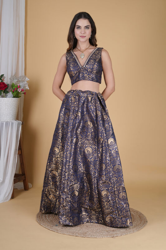 Traditional Blue Floral Banarasi Lehenga Set