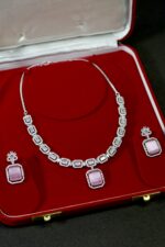 Pink Rectangle Stone Necklace Set